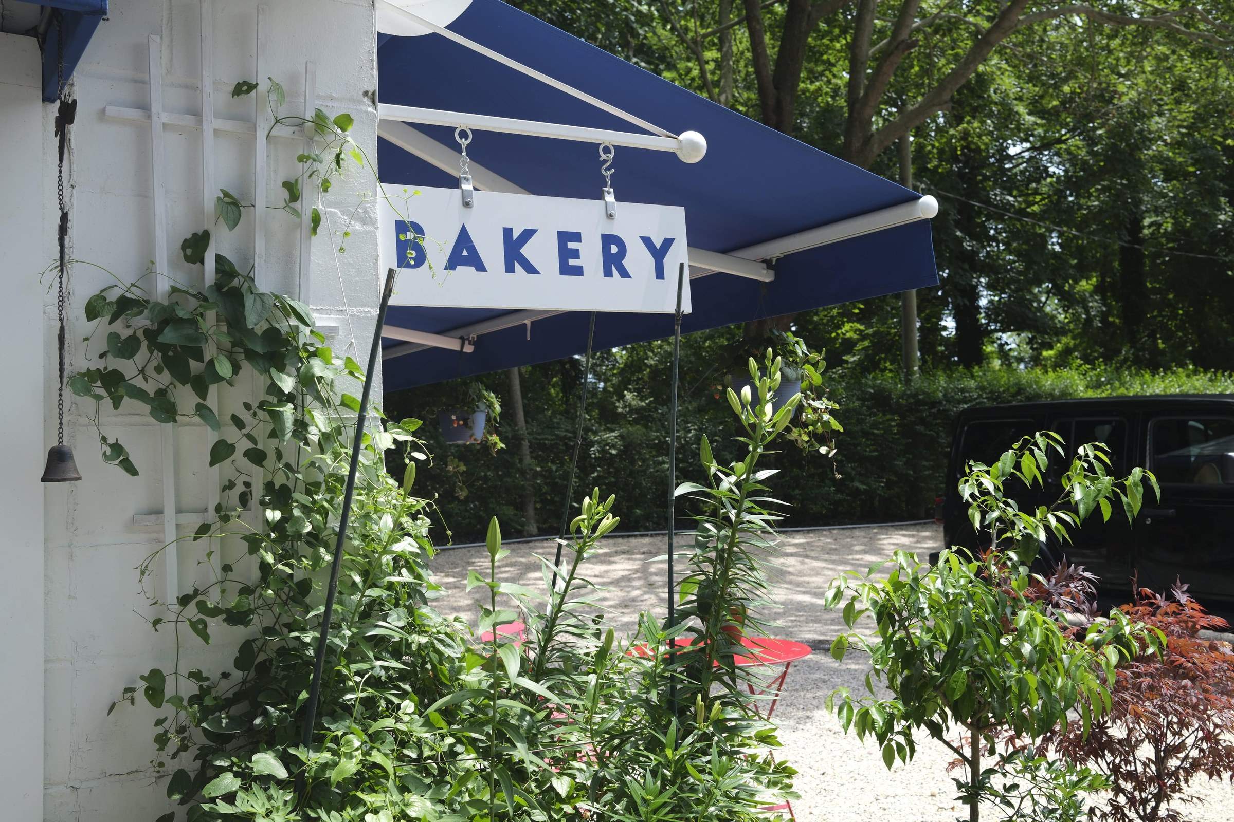 A quaint bakery storefront in the Hamptons with a blue awning and a white sign reading "BAKERY," surrounded by lush greenery and plants, set against a sunny outdoor backdrop.