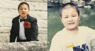 Left: Age 6, my first wedding and my first experience suiting up | Right: Age 8, China, already starting to bald
