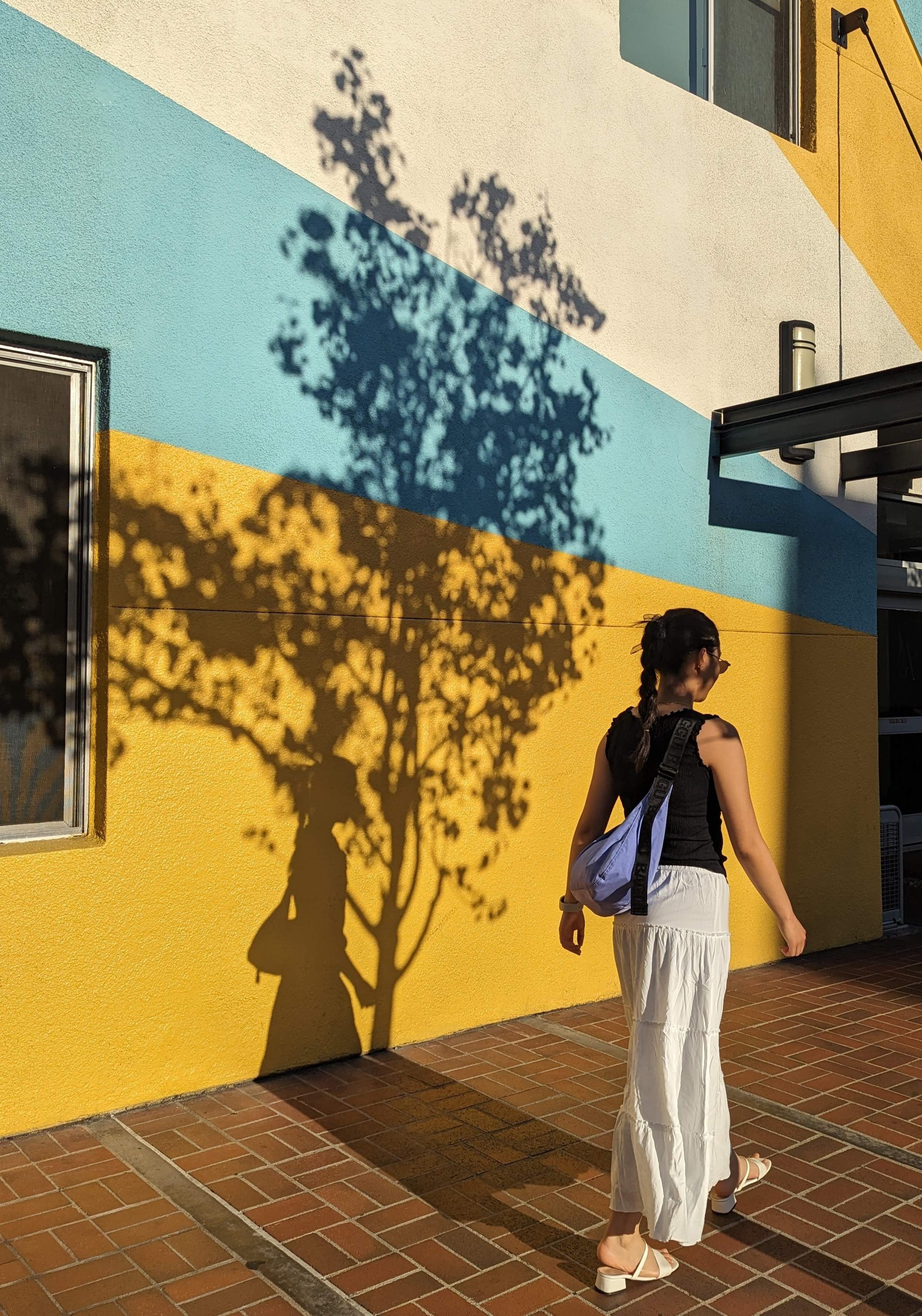 A beautiful girl walking past a vibrant wall with blue and yellow colors, casting a shadow of a tree.